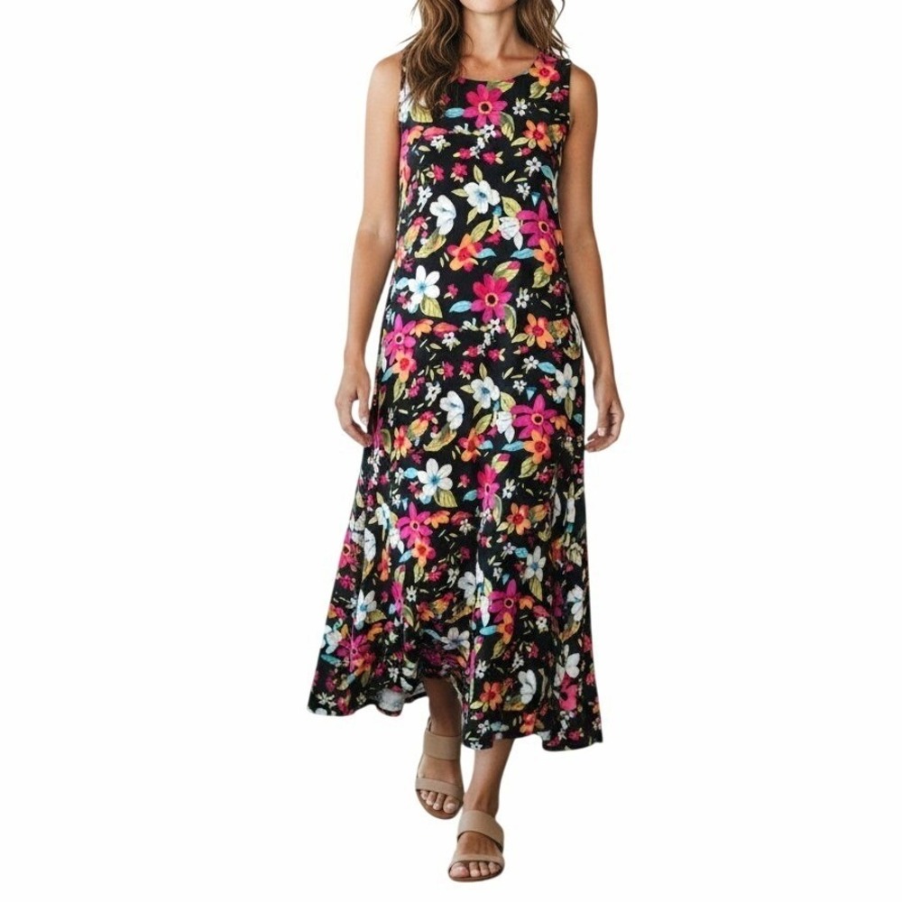Notations Maxi Dress Women S Black Floral Sleeveless Rayon Boho Tropical Resort